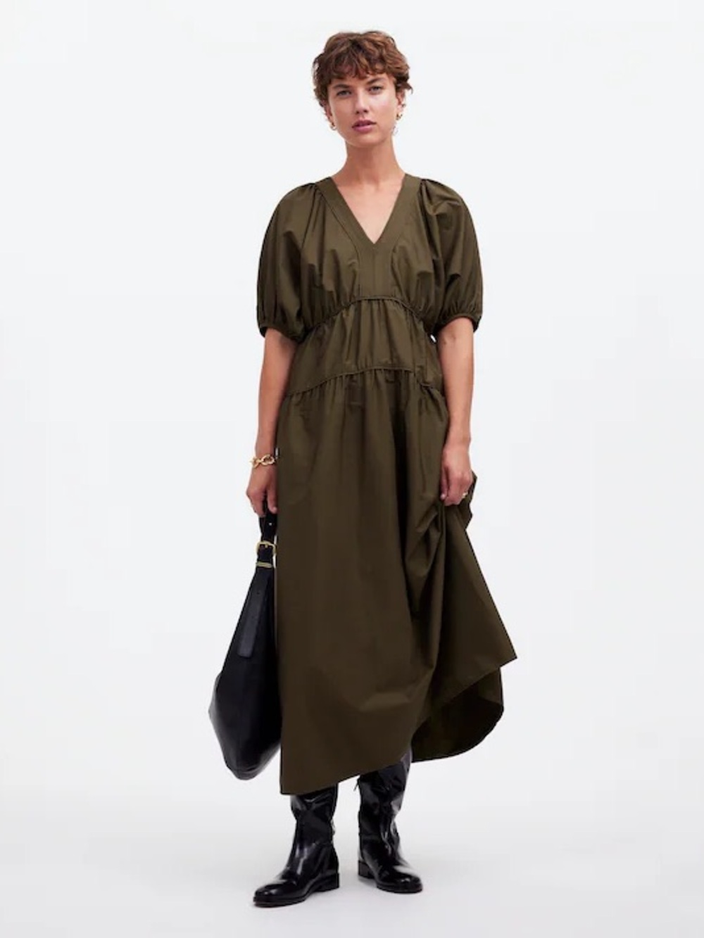 Madewell Olive Puff-Sleeve Tiered Midi Dress in Poplin - XS  With Pockets